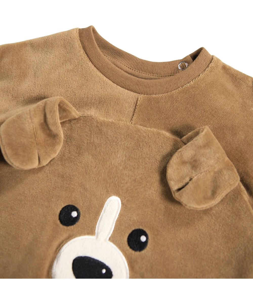 Doggy - Fawn - Brun sweatshirt til de mindste i blødt økologisk bomuld med et hunde ansigt på fronten.