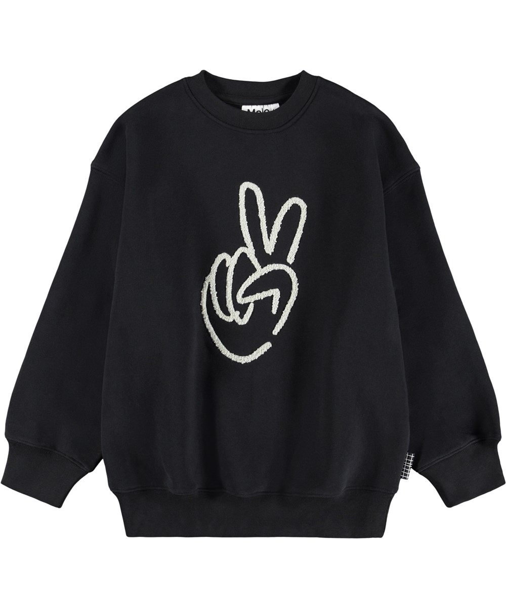 Mar - Black - Sort sweatshirt til børn i blødt økologisk bomuld med et stort print af håndtegnet for fred.
