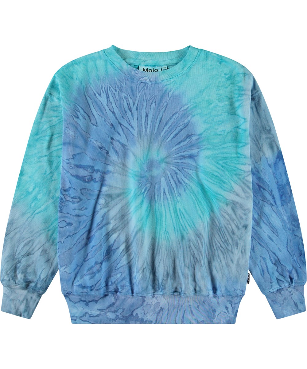 Memphis - Aqua Dye - Blå tie-dye sweatshirt til børn i blødt økologisk bomuld med ribkanter ved hals, ærmer og i bunden af blusen samt en løs pasform.