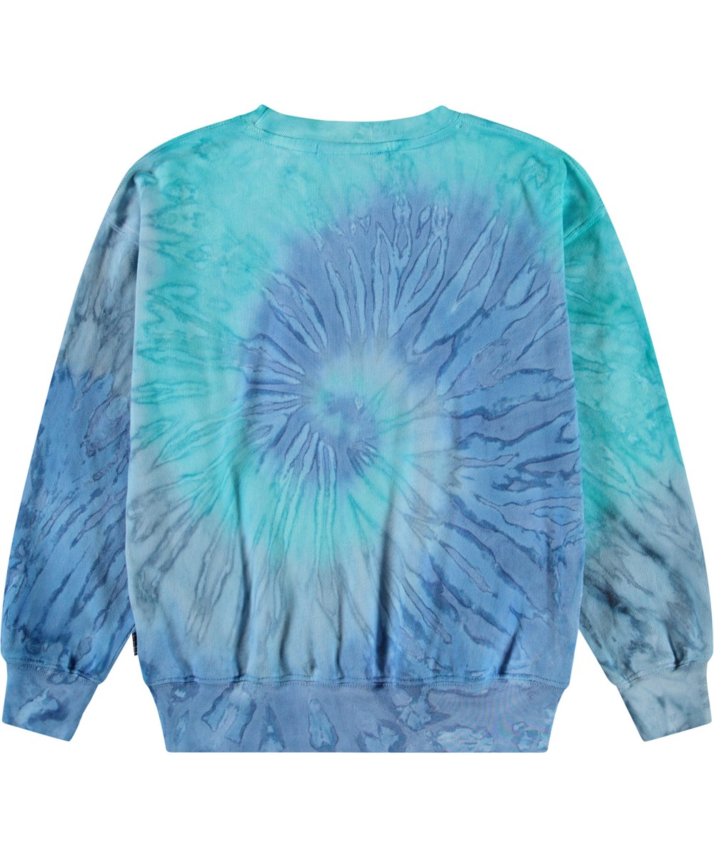 Memphis - Aqua Dye - Blå tie-dye sweatshirt til børn i blødt økologisk bomuld med ribkanter ved hals, ærmer og i bunden af blusen samt en løs pasform.