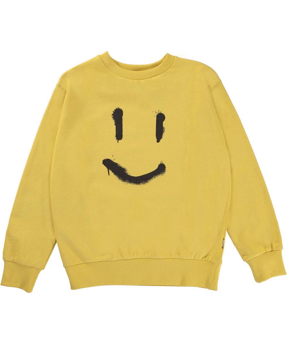 Mik - Hazy Sun - Solgul sweatshirt med sort smiley tag.