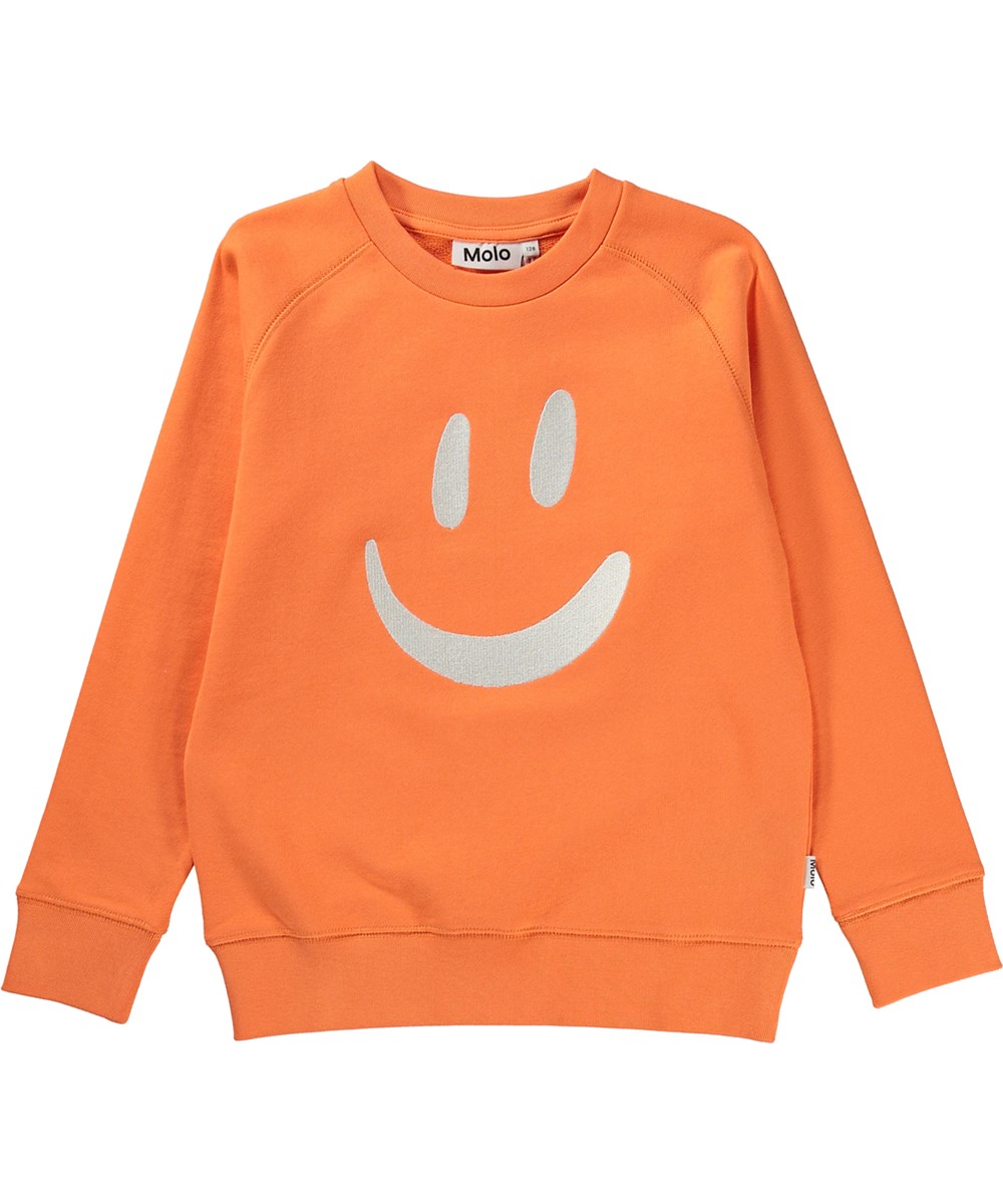 Mike - Ember - Orange sweater i blødt økologisk bomuld med broderet smilende ansigt