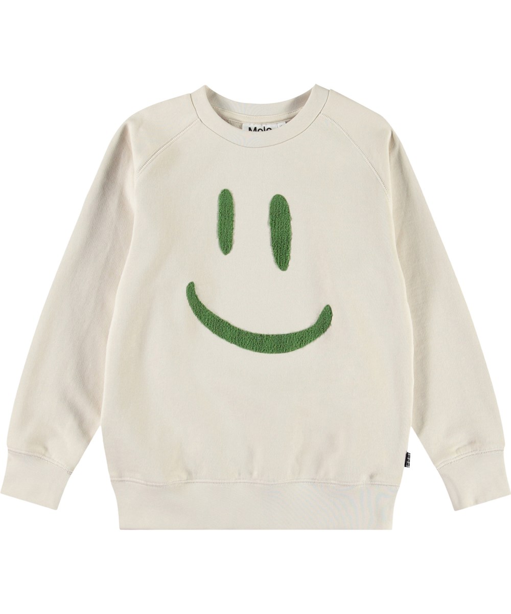 Mike - White Noise - Råhvid sweatshirt til børn i blødt økologisk bomuld med raglandsærmer, ribkanter ved hals, ærmer og i bunden af blusen.