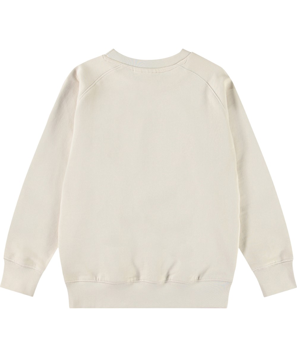 Mike - White Noise - Råhvid sweatshirt til børn i blødt økologisk bomuld med raglandsærmer, ribkanter ved hals, ærmer og i bunden af blusen.