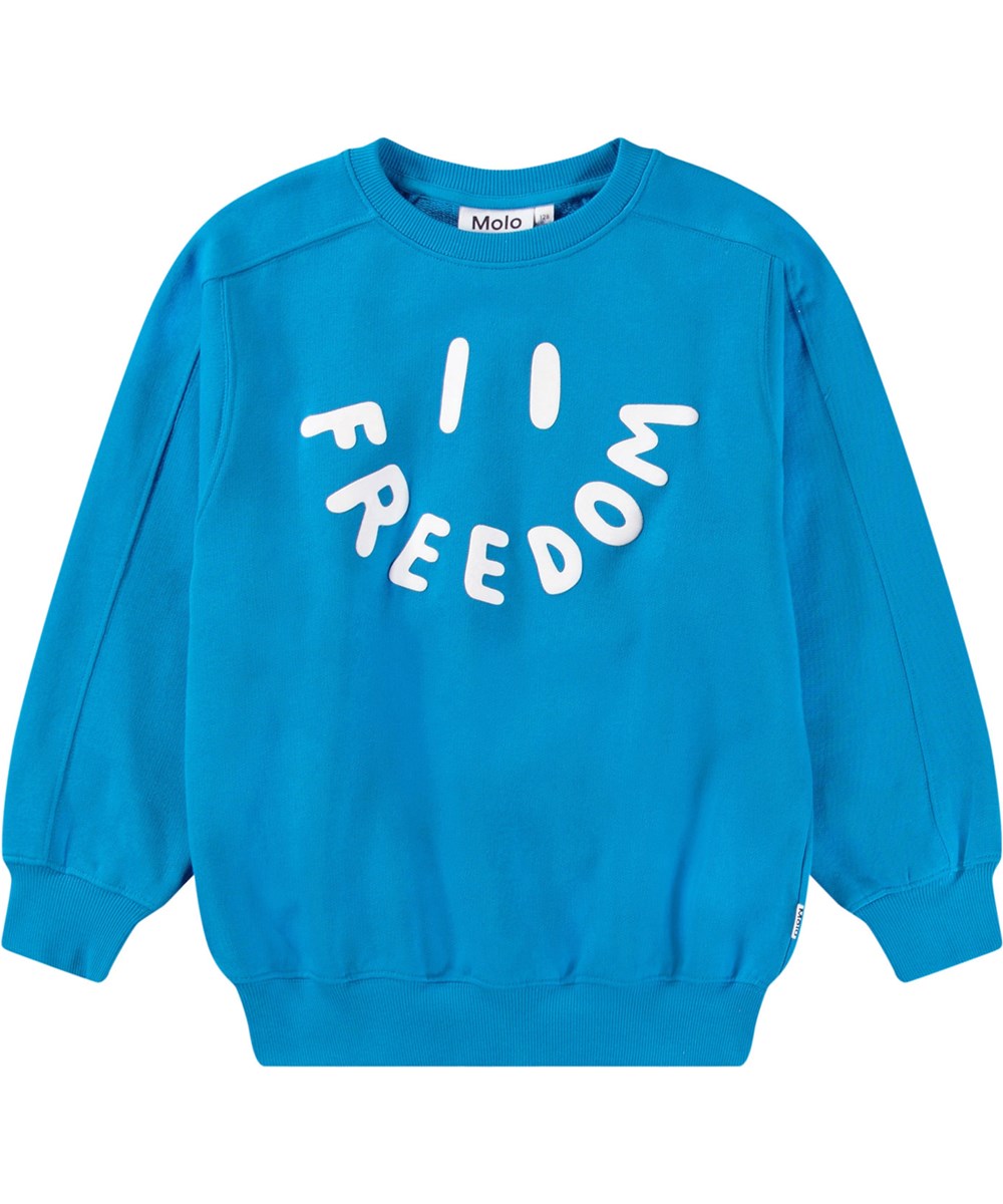 Mir - Peacock Blue - Blå sweatshirt med print til børn i blødt, økologisk bomuld med ribkanter ved hals, ærmer og i bunden af blusen.