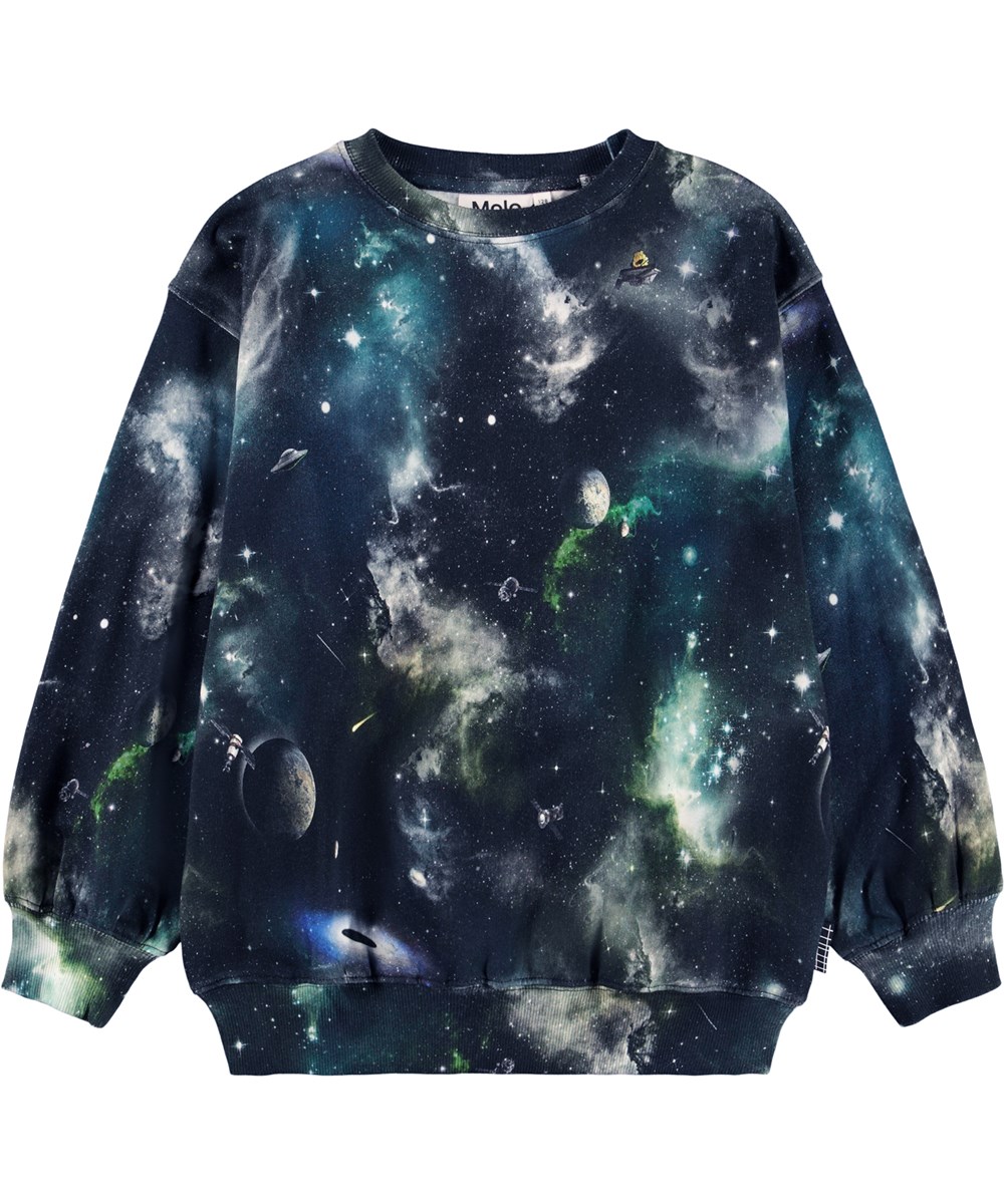 Monti - Deep Space - Flot sweatshirt til børn i blødt økologisk bomuld med print af rummet.