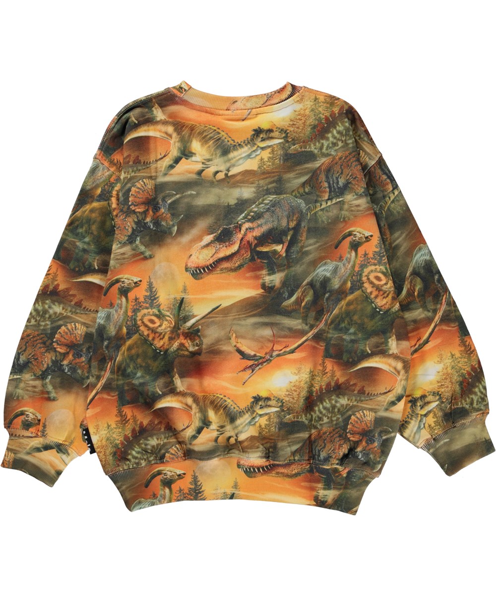 Monti - Dino Dusk - Grøn og orange økologisk sweatshirt med dino print