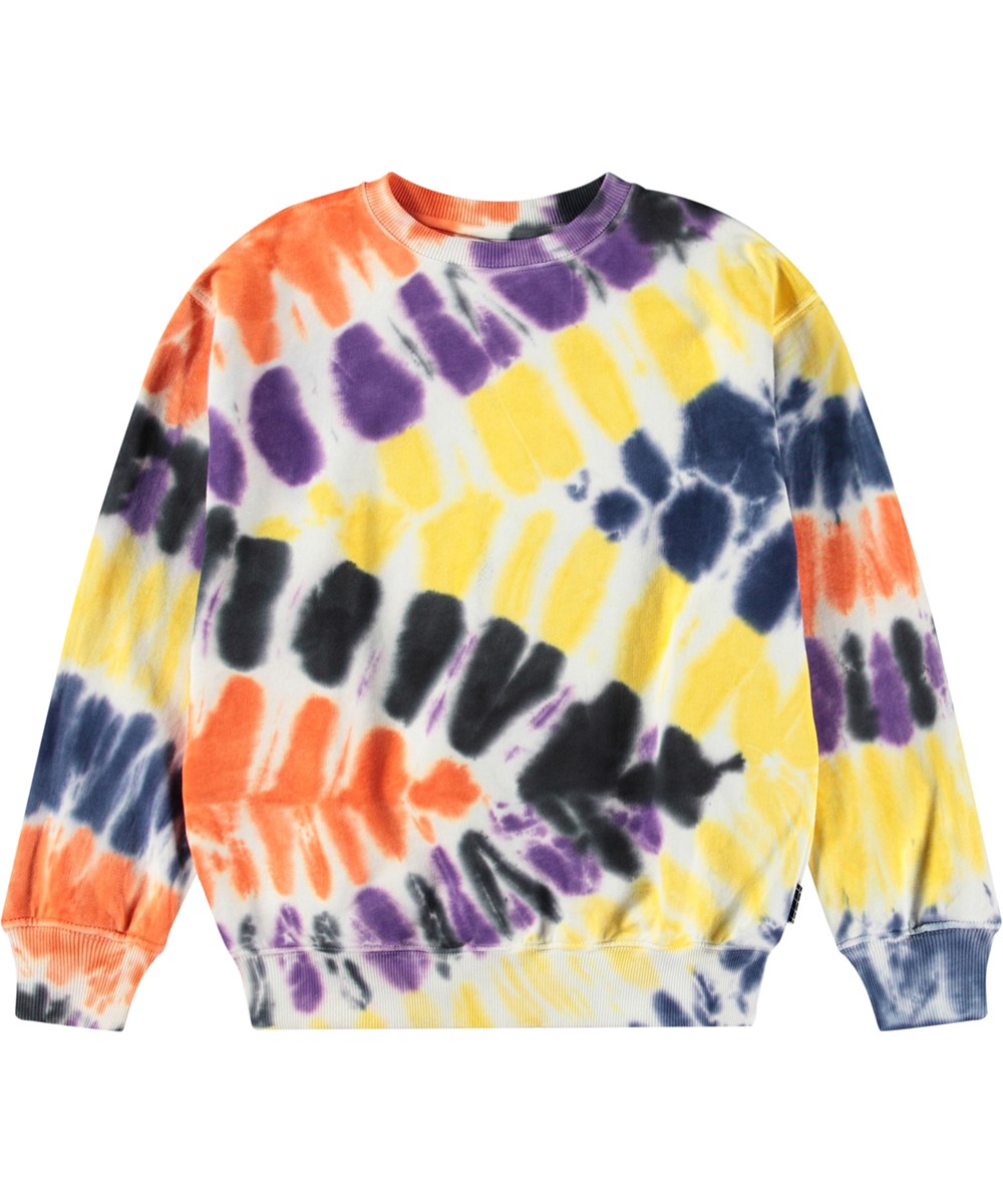 Monti - Triangular Dye - Multifarvet tie-dye sweatshirt til børn i blødt økologisk bomuld med ribkanter ved hals, ærmer og i bunden af blusen.