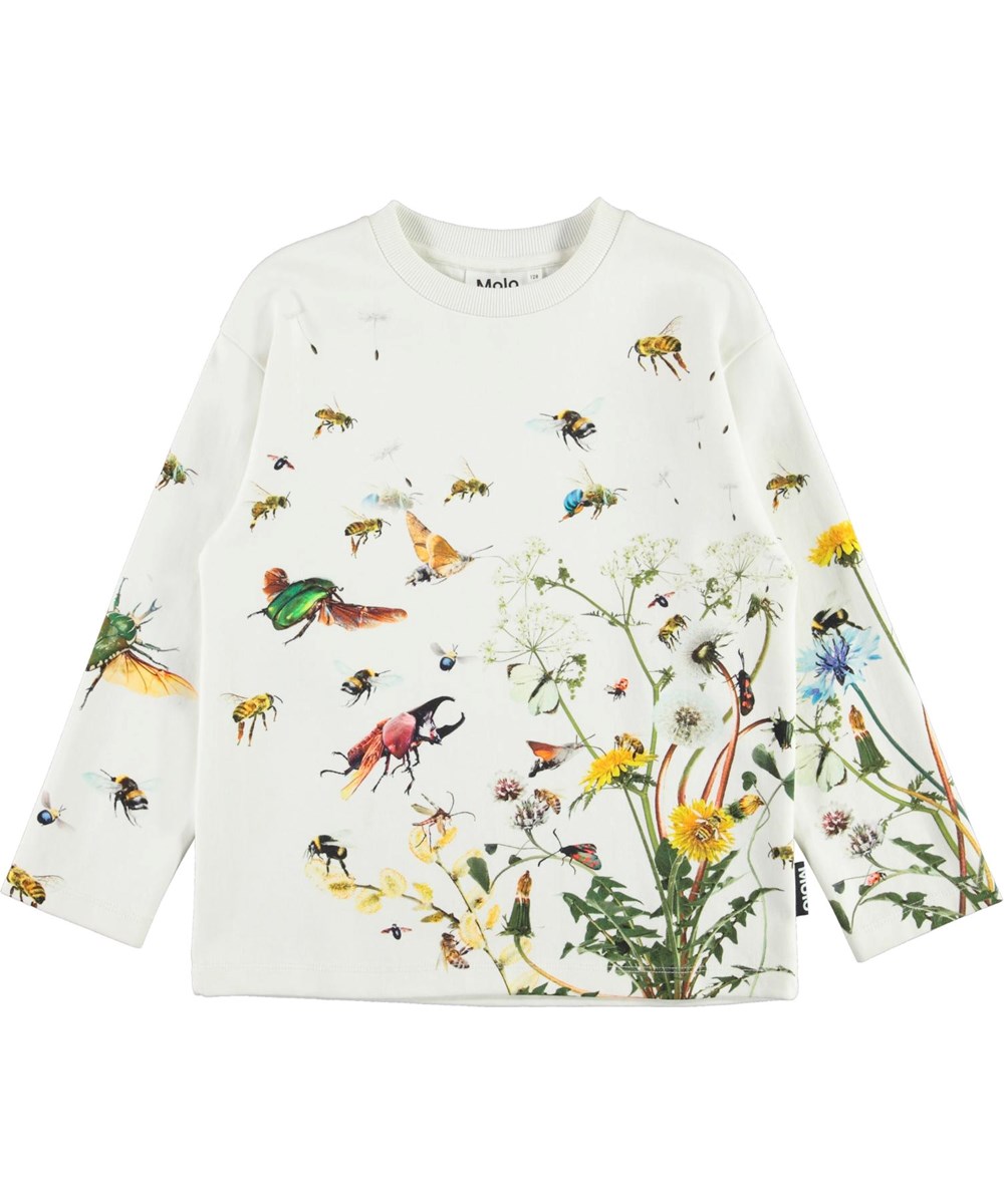 Mountoo - Pollinators - Økologisk hvid bluse med blomster og insekter