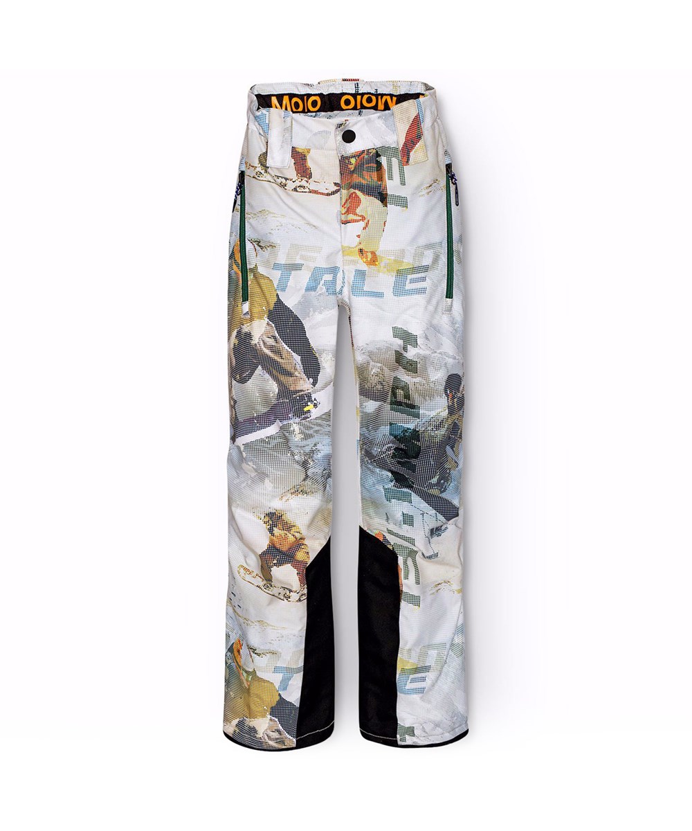 Jump Pro - Spin 1260 - Wind- en waterdichte skibroek voor kinderen van gerecycled polyester met een pixelprint van een stoere snowboarder in de Alpen.