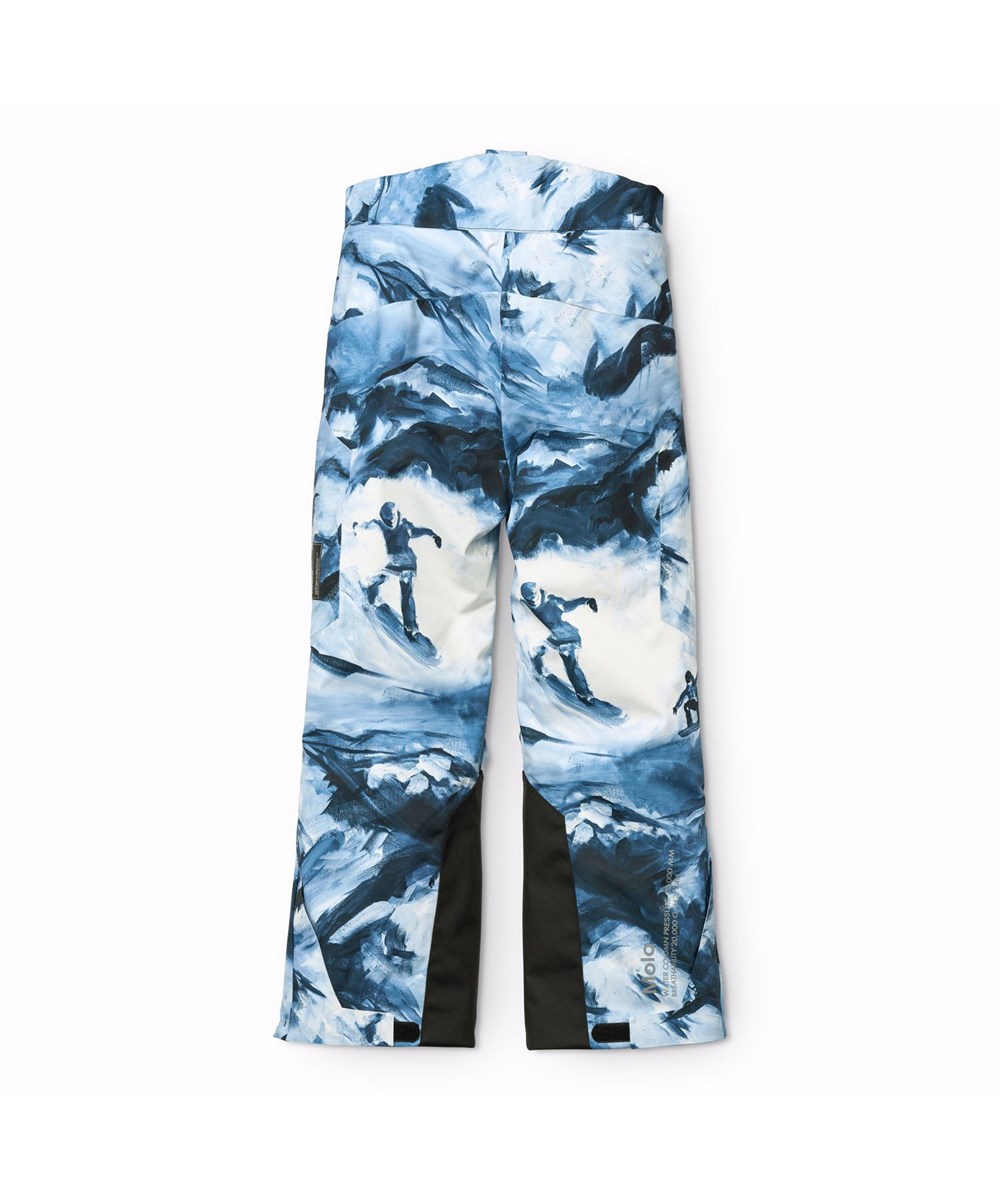 Jump Pro - Arty Mountains - Wind- en waterdichte kinderskibroek met een artistieke print van de Alpen en snowboarders in blauwe en witte tinten. Gemaakt van gerecycled polyester en gevoerd met 3M™ Thinsulate™.