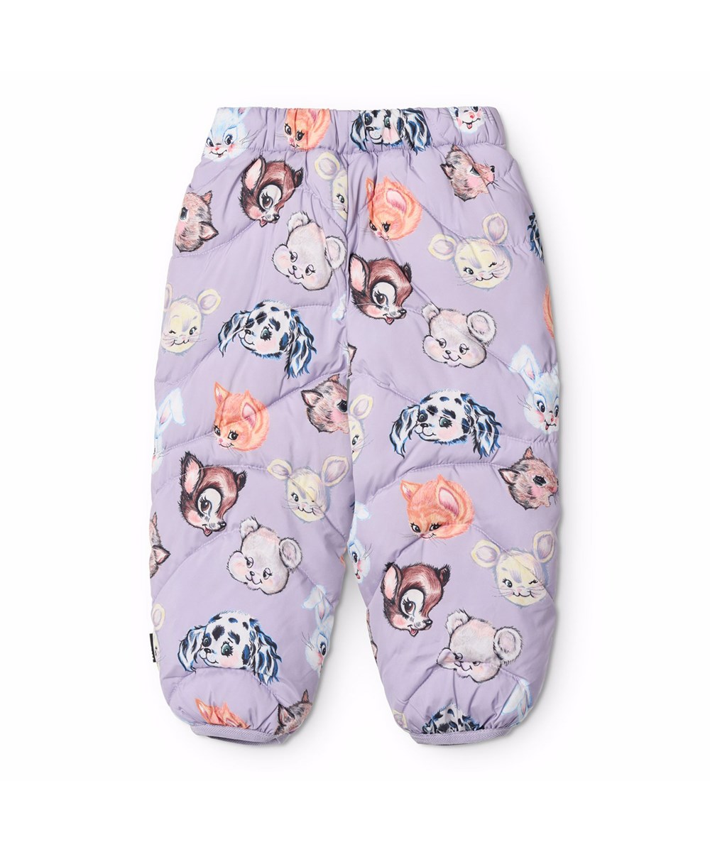 Percy - Itty Bitty Purple - Waterafstotende paarse thermobroek voor de kleintjes met een print van dieren uit oude tekenfilms. Gemaakt van gerecycled polyester met paarse boorden.