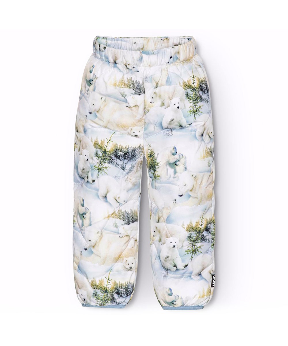 Percy - Snowy Bears - Waterafstotende thermobroek voor baby's en peuters met lichtblauwe afwerking.