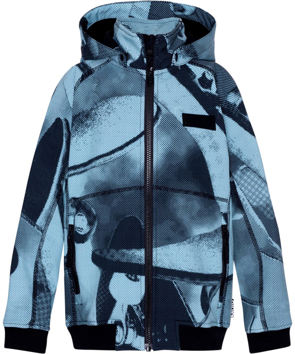 Cloudy - Blue Boards - Blauwe softshell jas voor kinderen die gedeeltelijk is gemaakt van gerecycled polyester met een print van een skateboard