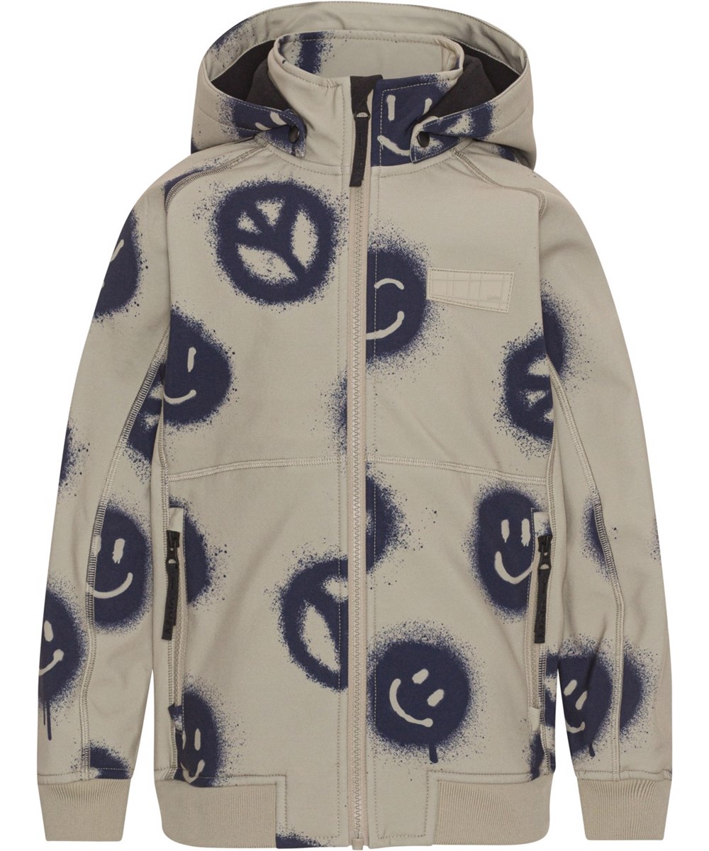 Cloudy - Happy Rock - Beige softshell jas met print van peace en smiley’s