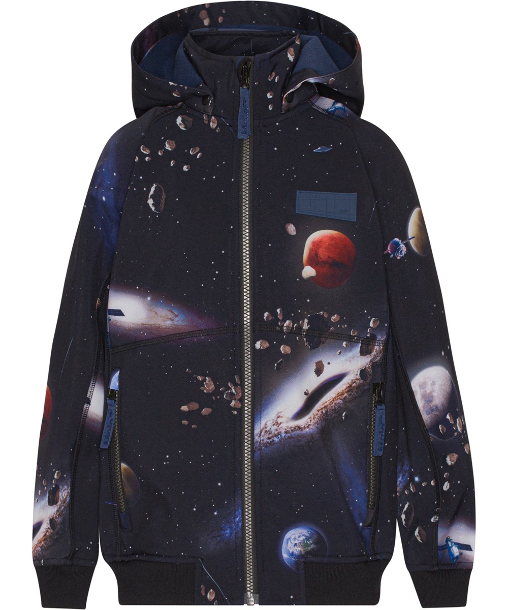Cloudy - Into Space - Waterafstotende softshelljas in donkerblauw met ruimteprint