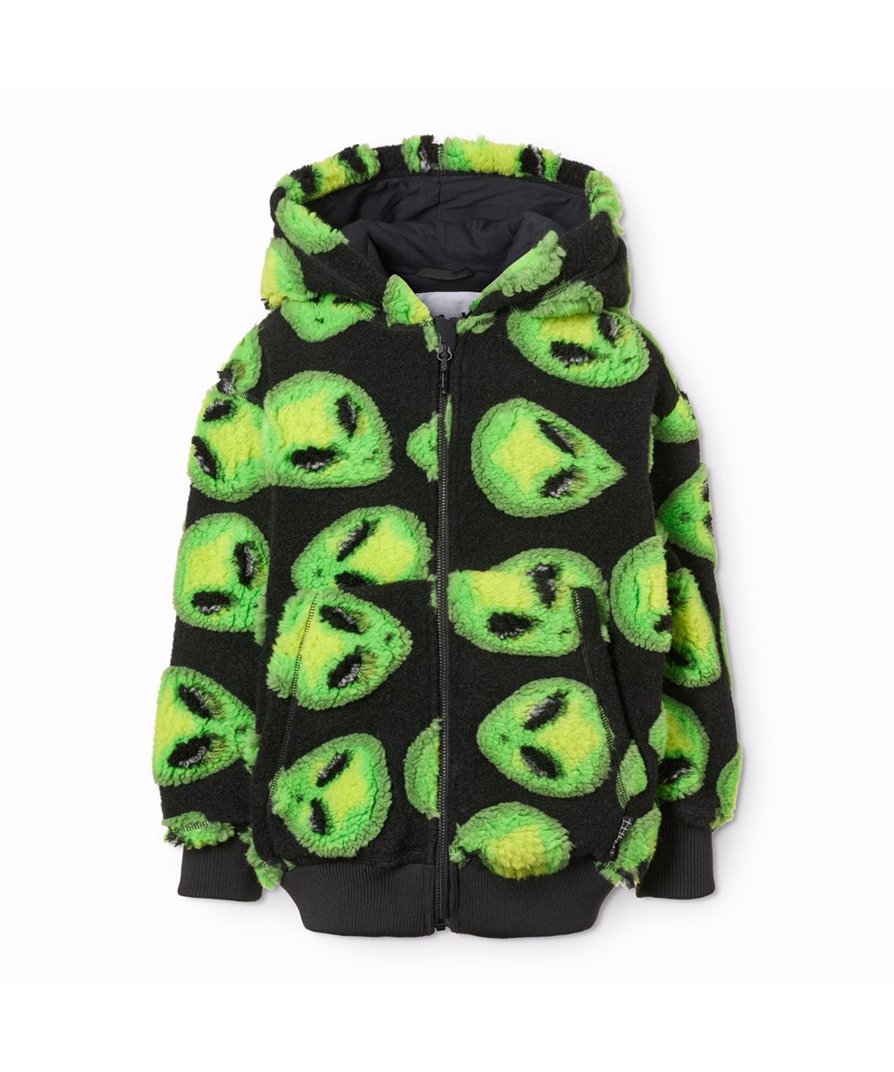 Hazzy - Alien Puff - Zwarte fleecejas voor kinderen gemaakt van gerecycled polyester met neon groene alien gezichten.