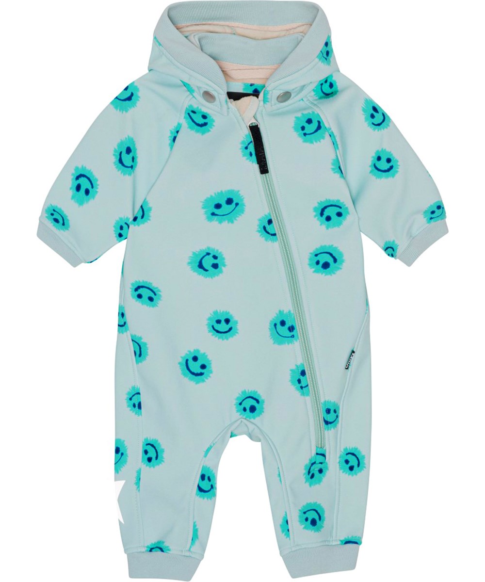 Hill - Water Blobs - Lichtblauwe softshell buitenpak voor babies en kleine kinderen met een print van aquarel lachende waterdruppels