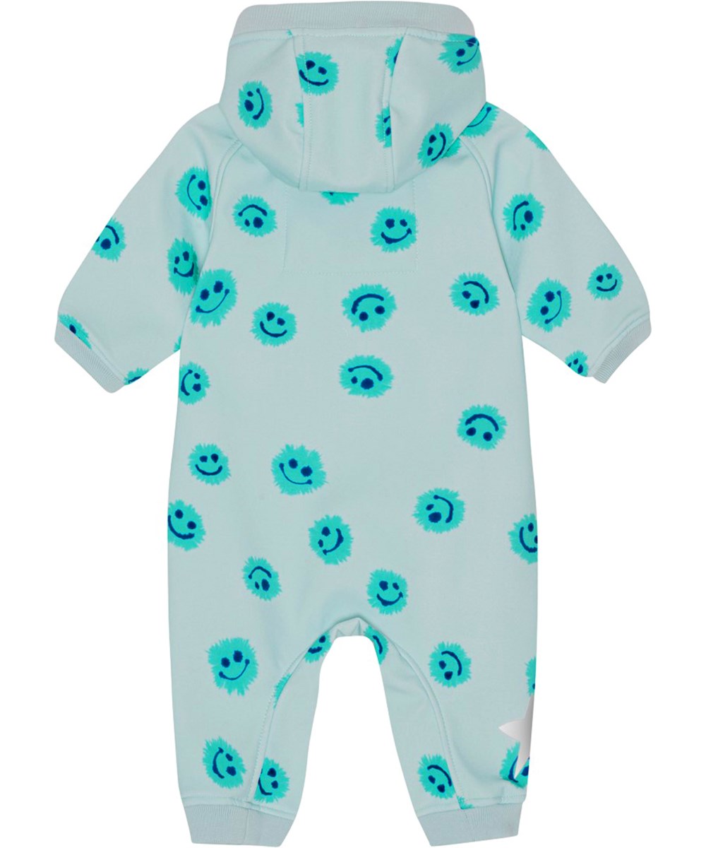 Hill - Water Blobs - Lichtblauwe softshell buitenpak voor babies en kleine kinderen met een print van aquarel lachende waterdruppels
