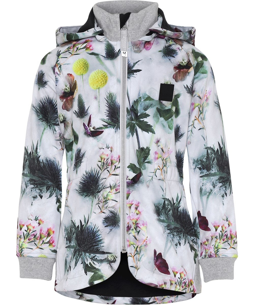 Hillary - Frozen Flowers - Witte softshell jas met bloemen.
