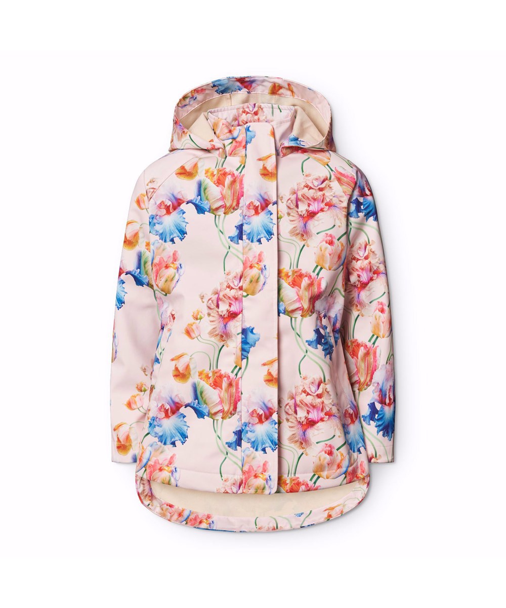 Hillary - Tulip Pink - Roze wind- en waterafstotende softshell kinderjas van gercycled polyester met een kleurrijke print van artistieke tulpen.