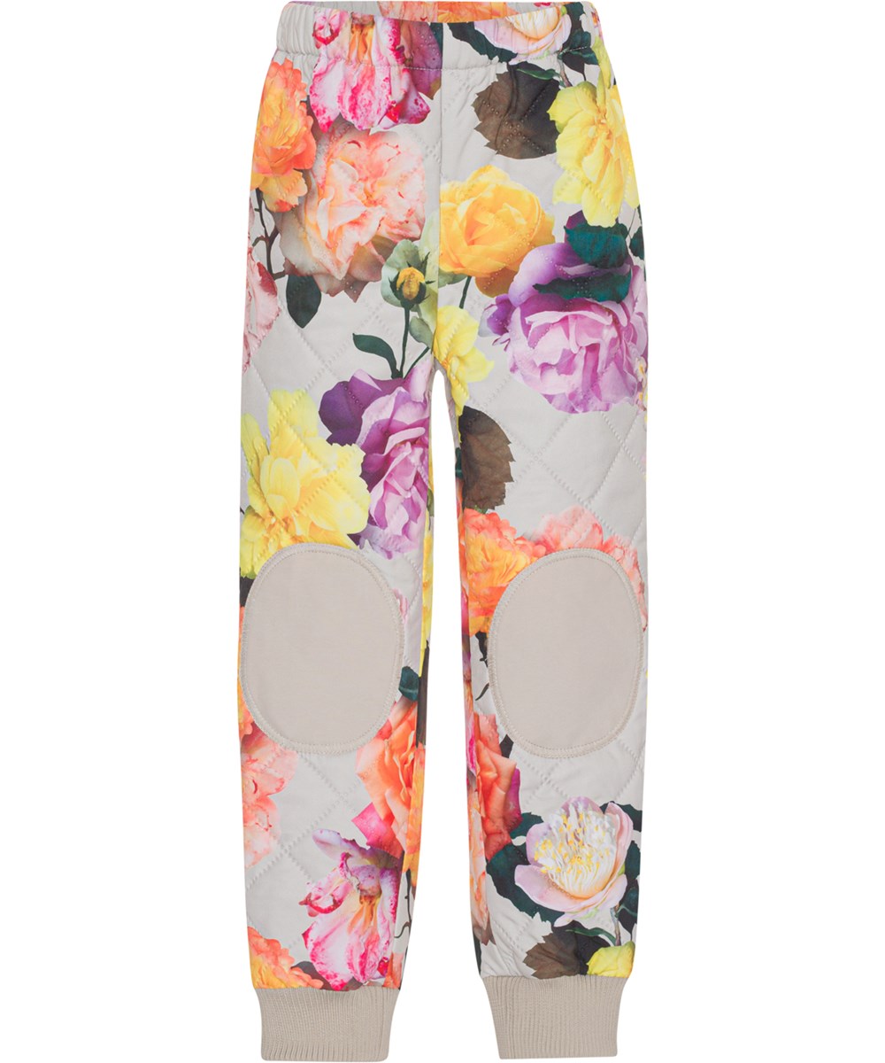 Hoti - Rose Park Grey - Grijze thermische broek met prachtige grote bloemenprint