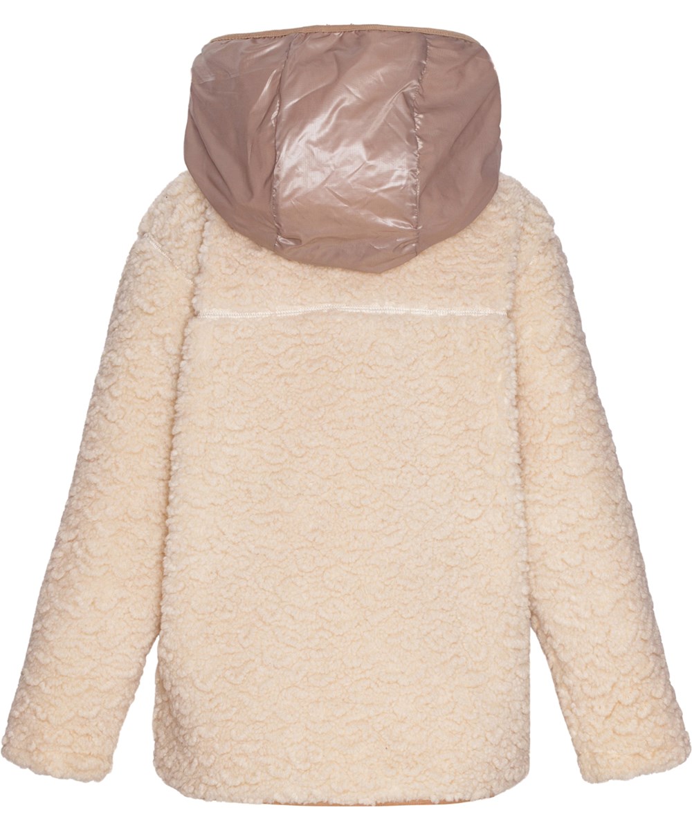 Uberto - White Noise - Off-white en roze fleecejas voor kinderen met een ritssluiting en grote zakken aan de voorkant en een capuchon.