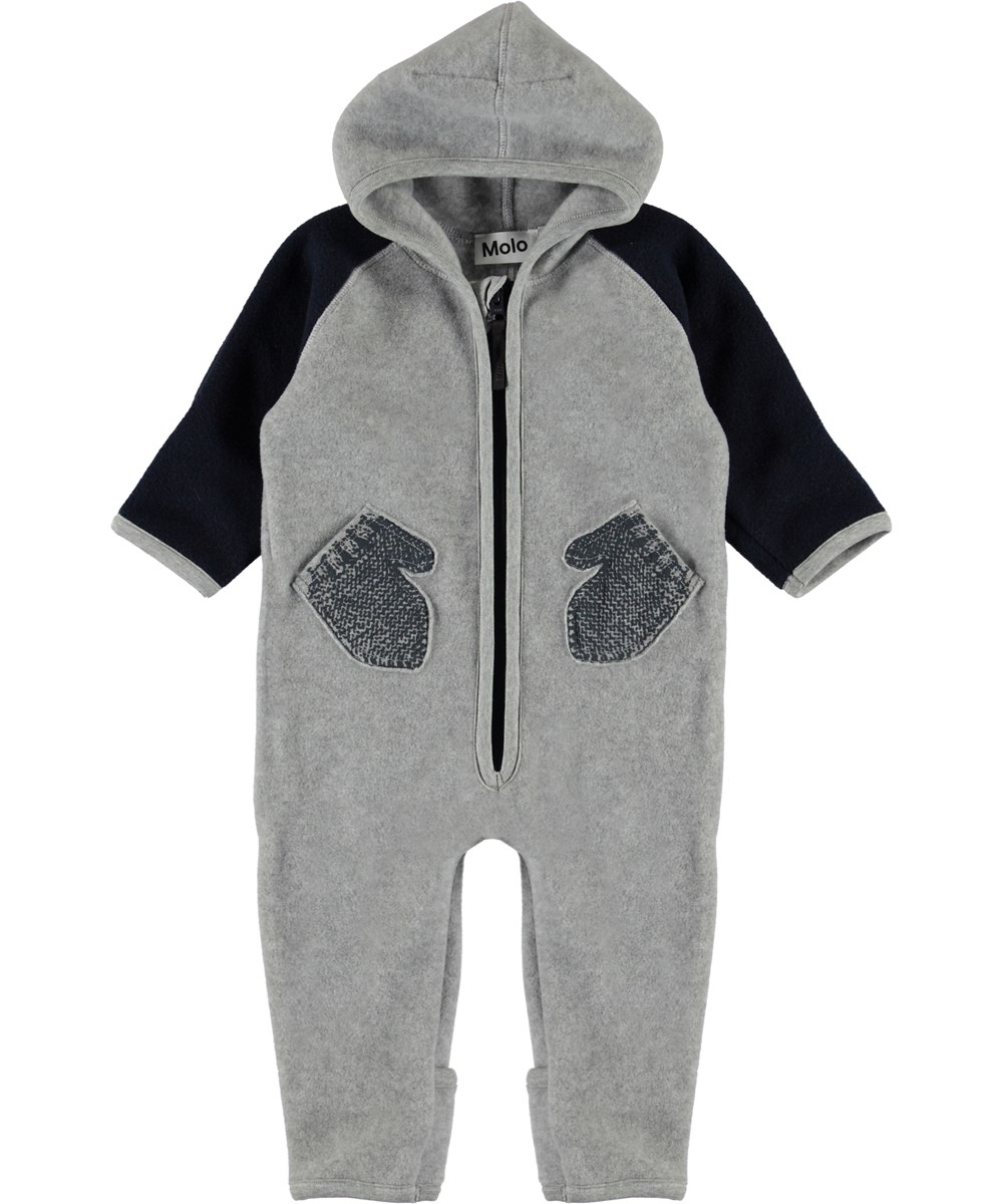 Udo - Moonlit Ocean - Grijze en zwarte baby fleecepak met handschoenen