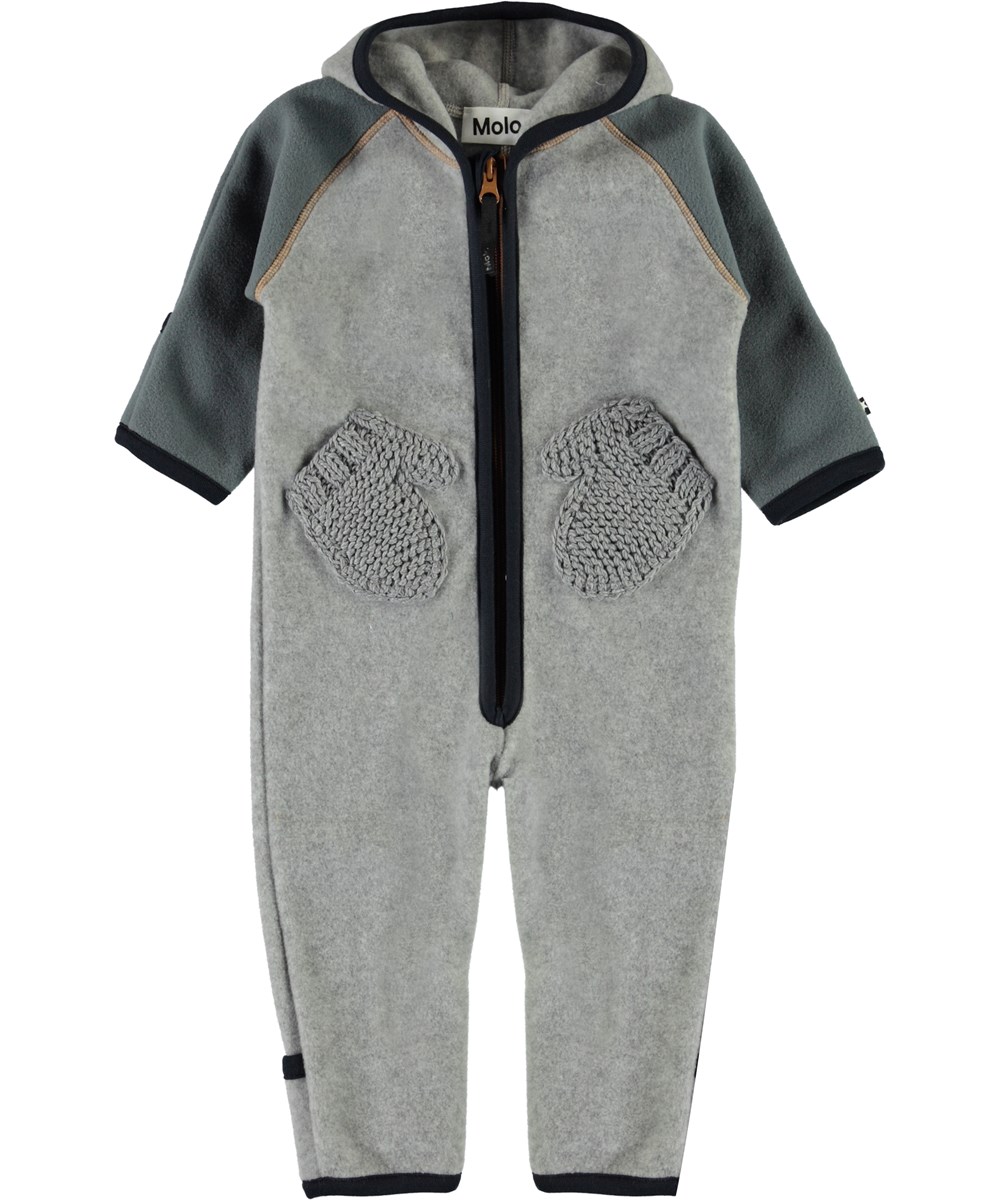 Udo - Grey Melange - Grijs babypakje van fleece met wanten