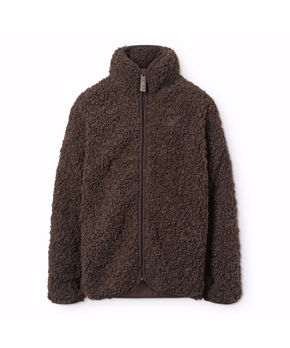 Ulan - Dark Cocoa - Donkerbruine fleecejast voor kinderen gemaakt van gerecycled polyester met op de achterkant een mooie patch in duurzaam nylon.