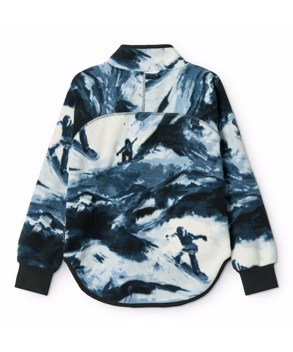 Ulani - Arty Mountains - Blauwe fleecejas voor kinderen gemaakt van gerecycled polyester met donkerblauwe ribboorden en een voorvak.