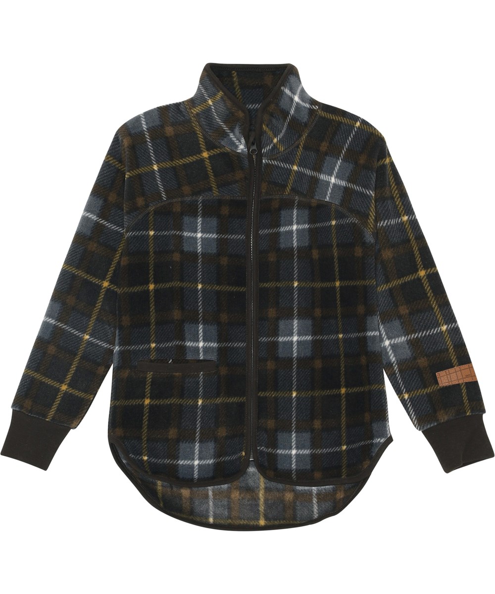 Ulani - Grey Brown Check - Donkerbruine fleece jas met een grijze en bruine blokken