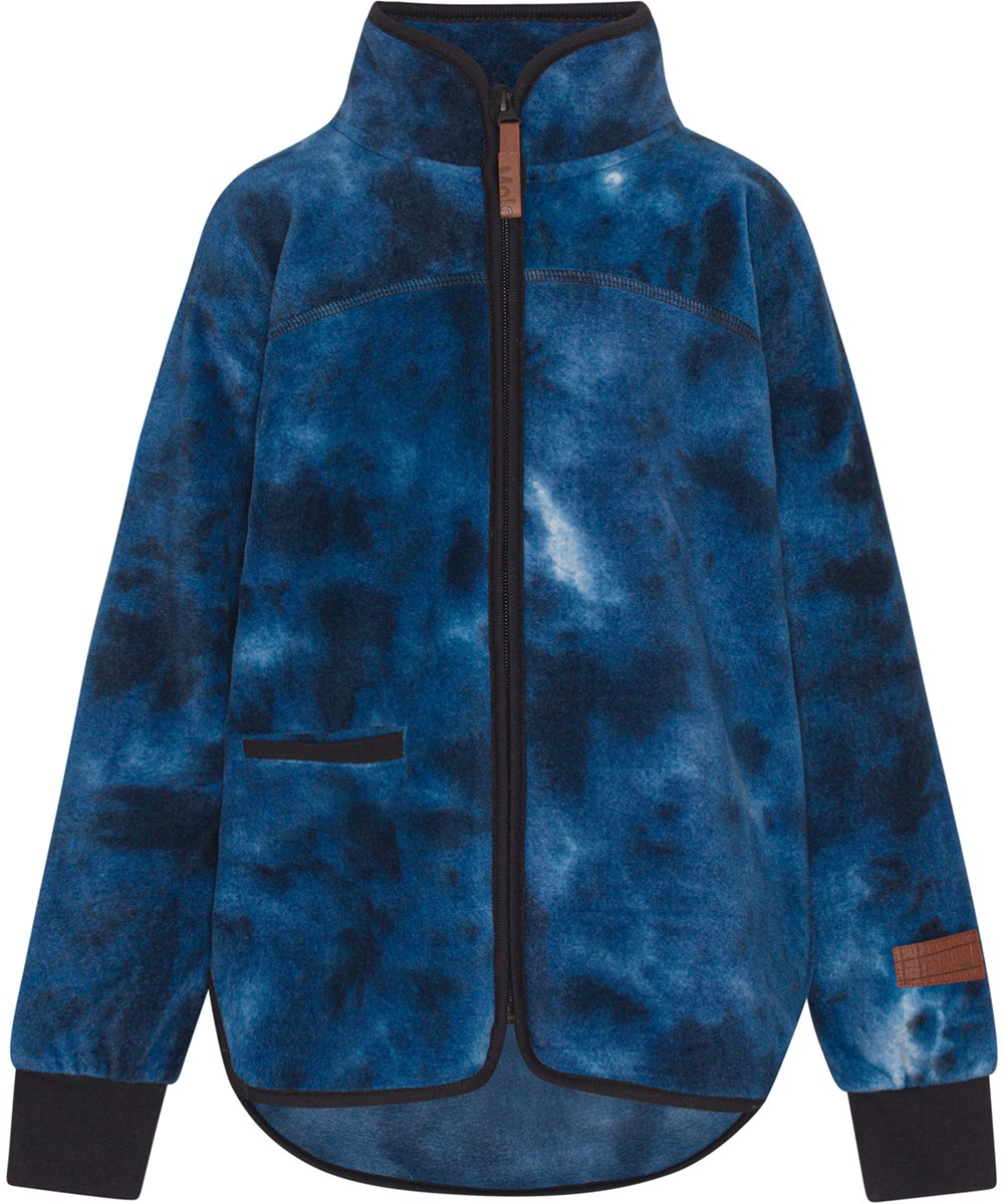 Ulani - Tie Dye Blue - Blauwe tie-dye fleecejacket met rits in 100% gerecycled polyester
