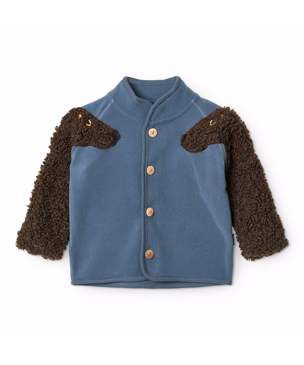 Uli - Evening Sky - Blauwe fleecejas voor de kleintjes gemaakt van gerecycled polyester met bruine hondenmouwen.