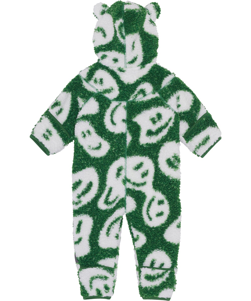 Umeko - Smile On Green - Donkergroene baby fleecedragt met print van witte smileys in 100% gerecycled polyester