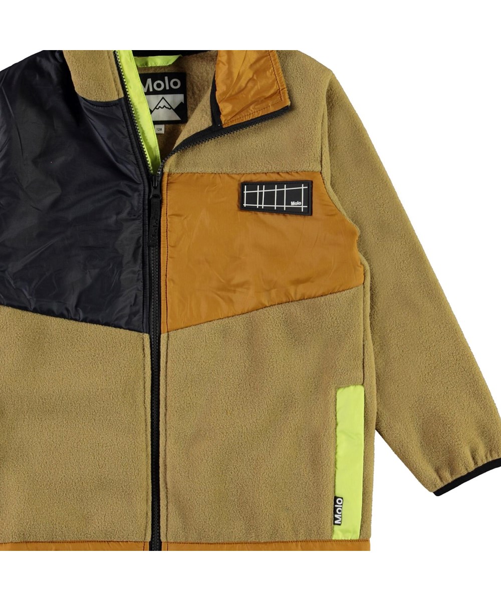 Urbain - Khaki - Beige fleece jas met neongroen