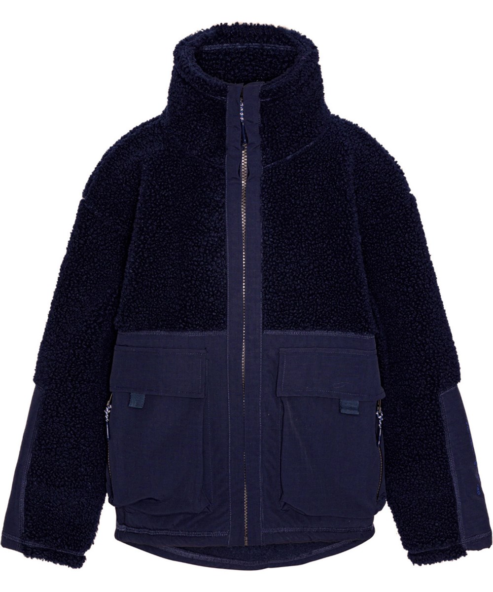 Utha - Dark Night - Donkerblauwe fleecejas voor kinderen met grote externe voorzakken.