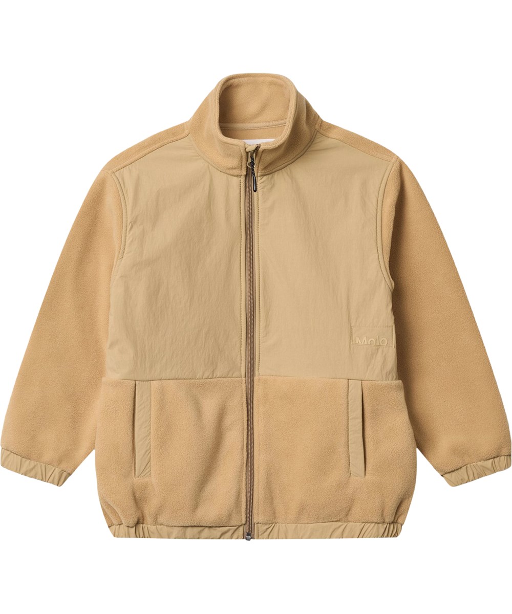 Utta - Desert - Zandkleurige fleecejas voor kinderen gemaakt van gerecycled polyester met een raceauto op de achterkant.