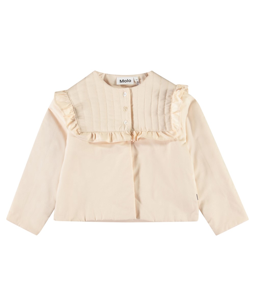 Haleen - Brazilian Sand - Beige gevoerde kinderjas van zacht katoen met ruches.