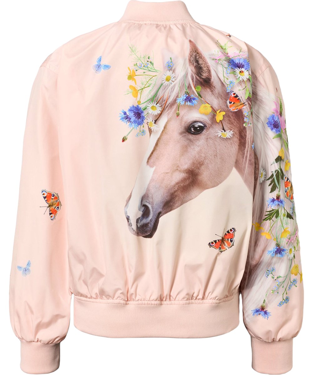 Haliva - Meadow Horse - Roze wind- en waterafstotend bomberjack voor kinderen met een paardenprint.