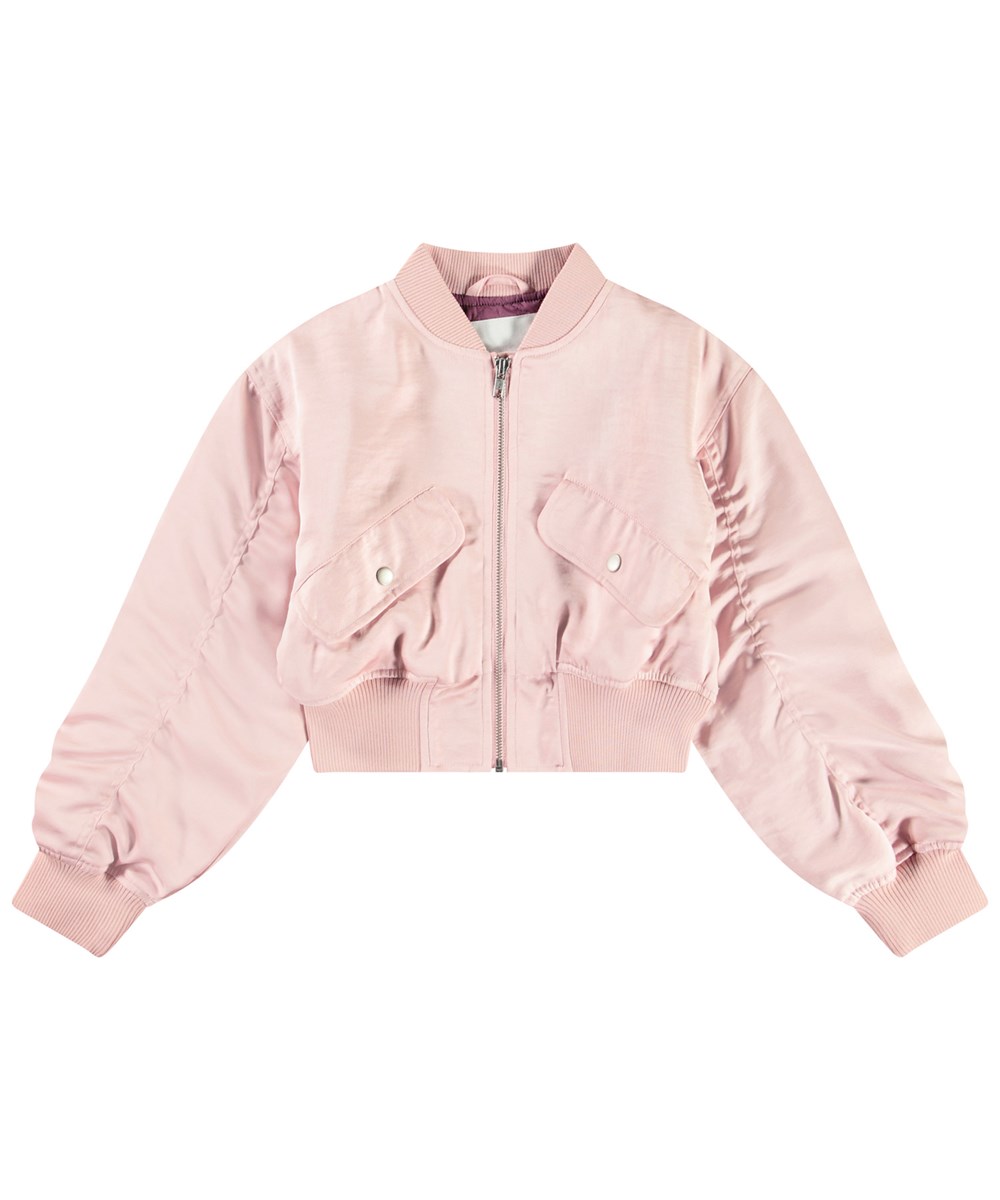Hannie - Charlotte Pink - Roze cropped bomberjacket voor kinderen met een paarse voering. 