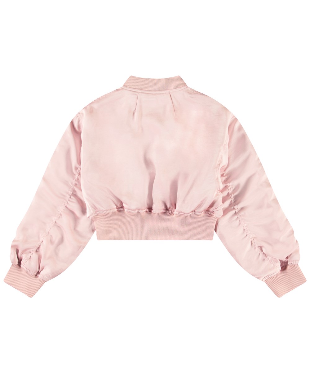 Hannie - Charlotte Pink - Roze cropped bomberjacket voor kinderen met een paarse voering. 