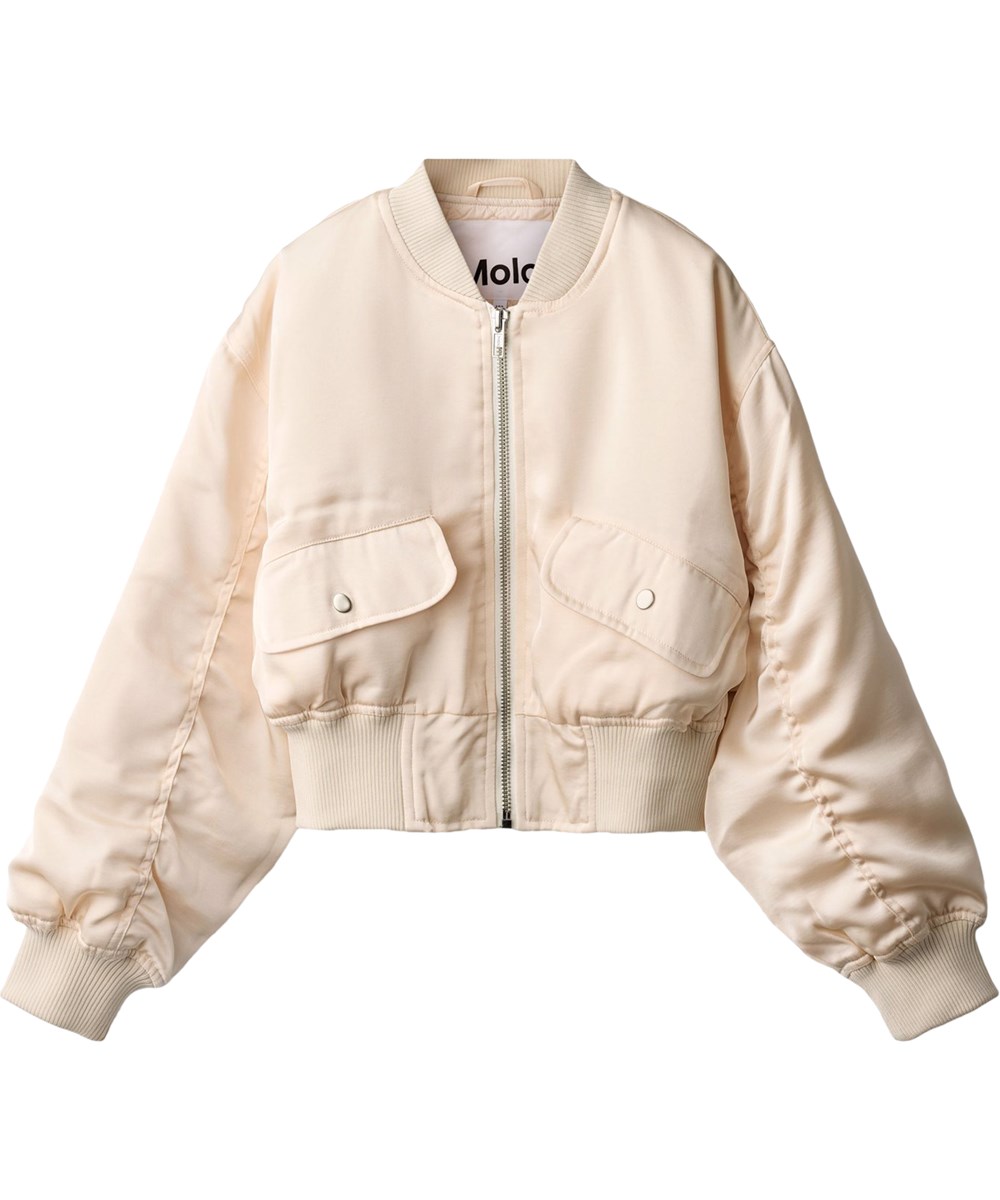 Hannie - Soft Powder - Off-white kort bomberjack voor kinderen met een lichte glans en gewatteerde voering.