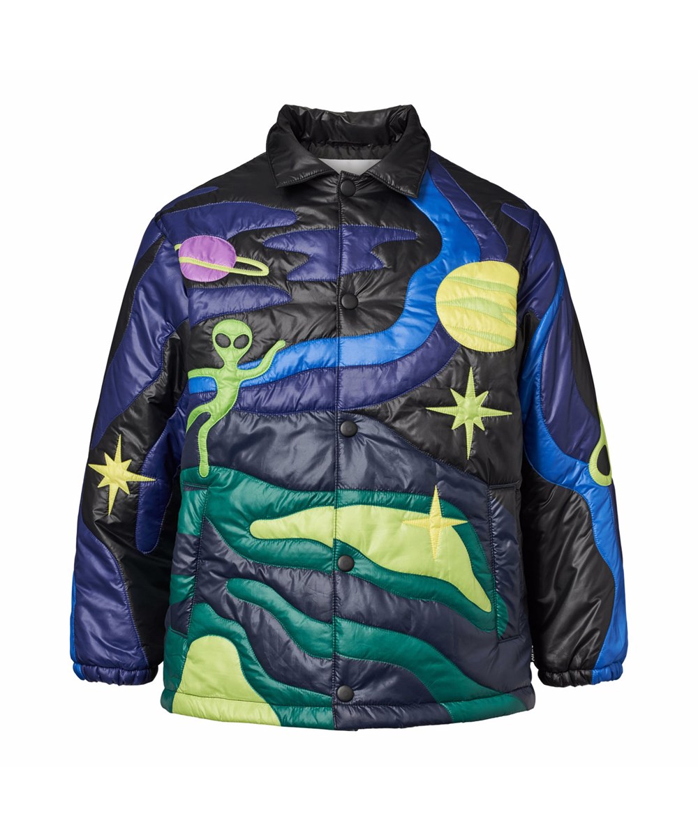 Haraldur - Space Quilt - Zwarte gewatteerde kinderjas met ruimtewezens en monsters in prachtige kleuren.