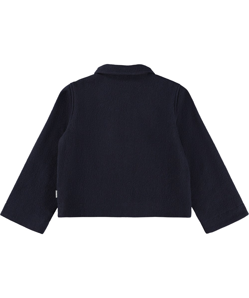 Harmoney - Forest Bloom - Donkerblauwe wollen kinderjas met elegante borduursels op de voorkant.