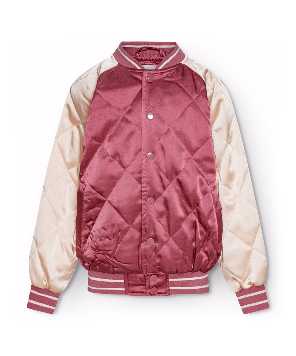 Haru - Dark Rose - Gewatteerd bomberjas voor kinderen in bordeauxrood en gebroken wit met een geborduurd patch op de achterkant.