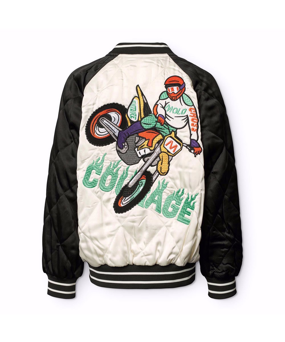 Haru - Molo-Cross - Doorgestikte bomberjacket voor kinderen in de kleuren zwart en gebroken wit met op de achterkant een geborduurde motorcrosser en de tekst 'Courage'.
