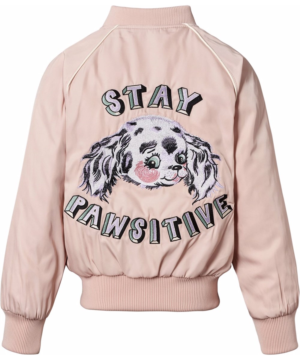 Hatty - Stay Pawsitive - Bomberjas in het roze met op de achterkant een geborduurde patch van een schattige hond en de tekst "Stay Pawsitive".