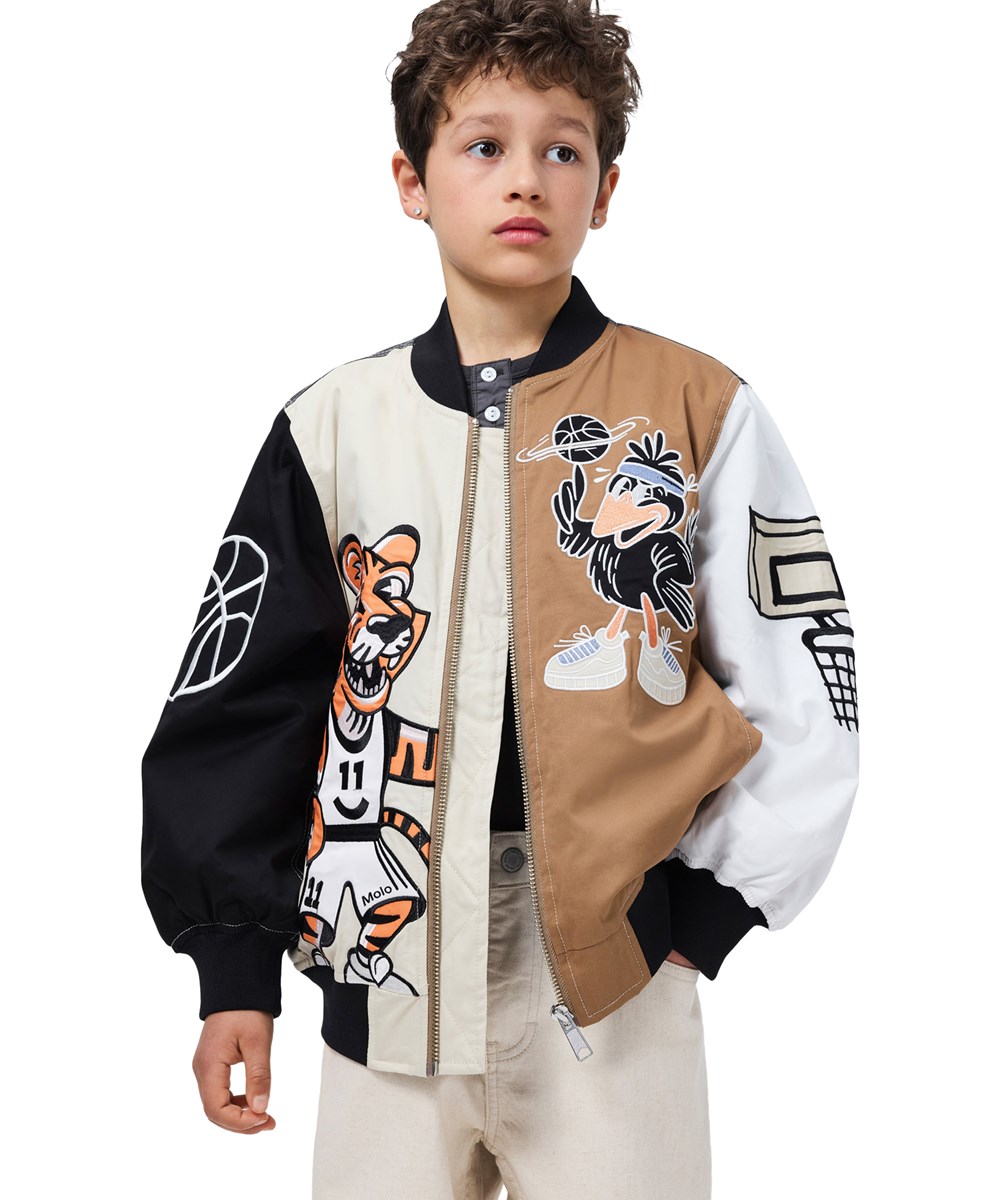 Hedley - Basket Comics - Beige, zwarte en bruine bomberjack voor kinderen met een tijgerprint.