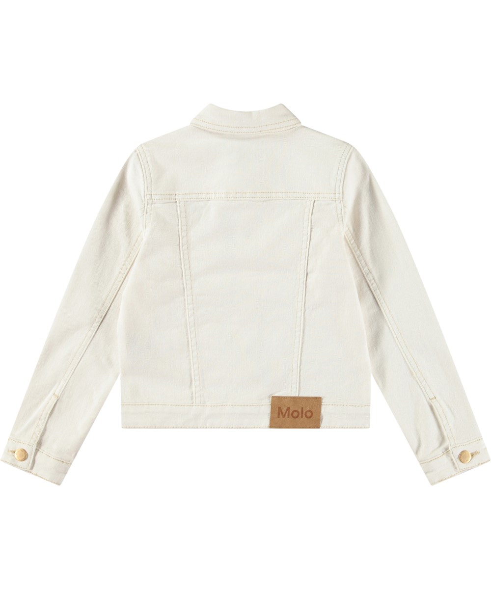 Heidi - Crisp White - Witte spijkerjas voor kinderen met decoratieve stiksels. De jas heeft een aansluitende pasvorm, overhemdkraag en goudkleurige knopen aan de voorkant, zakken en mouwen